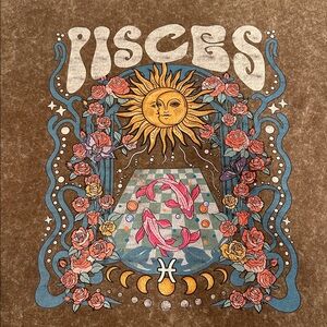 Oversized Pisces Graphic Tee with Sun and Roses medium